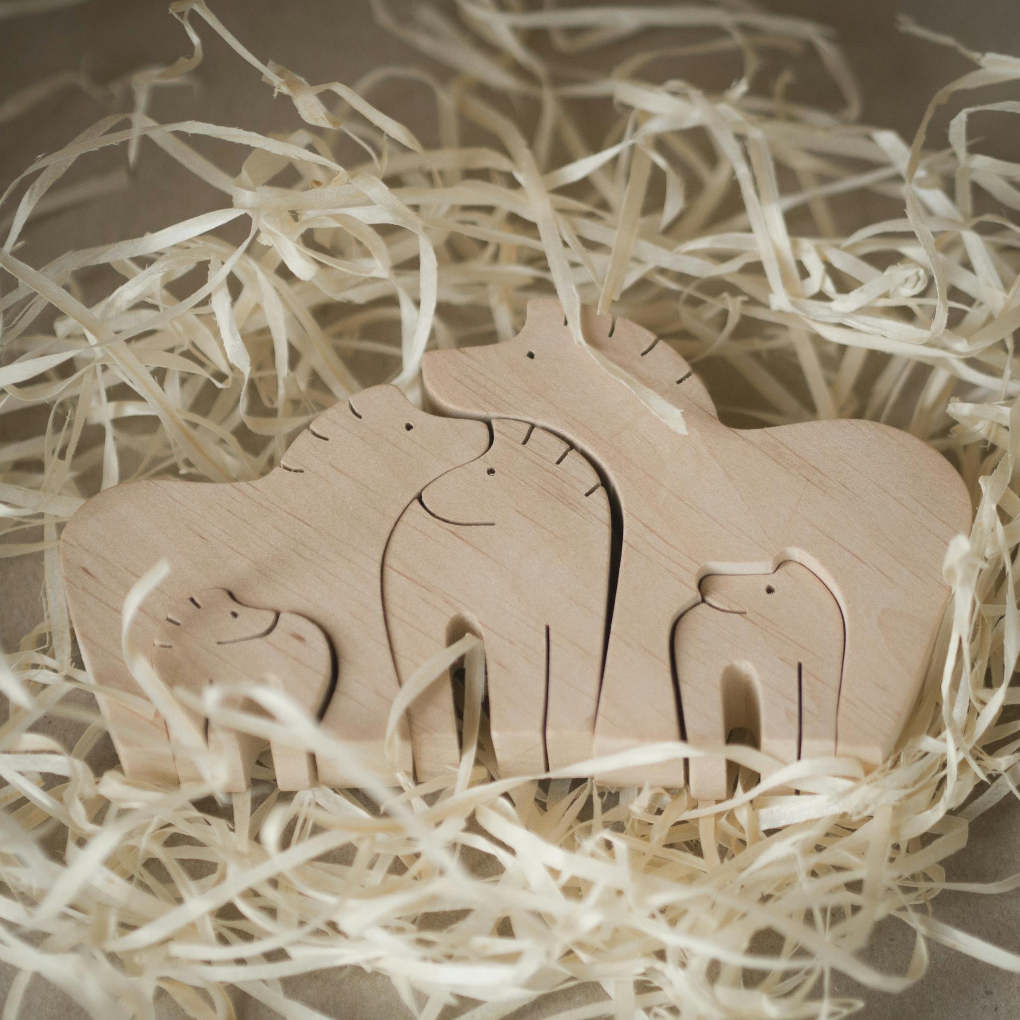 A close-up of a wooden animal puzzle set surrounded by straw, ideal for children's toys.